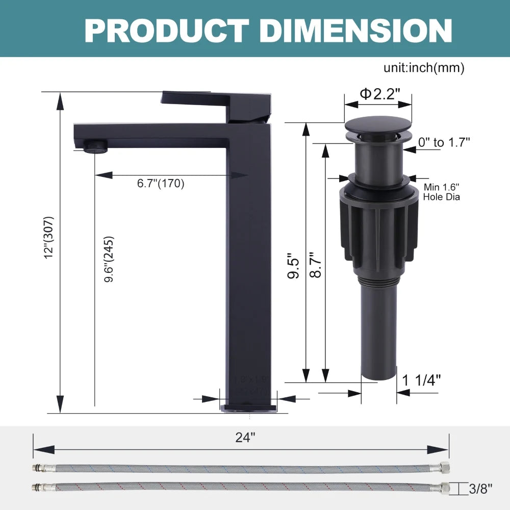 Modern Square 304 Stainless Steel Tall Bathroom Basin Faucet High Quality Ceramic Valve Core Single Hole Mounted Faucet