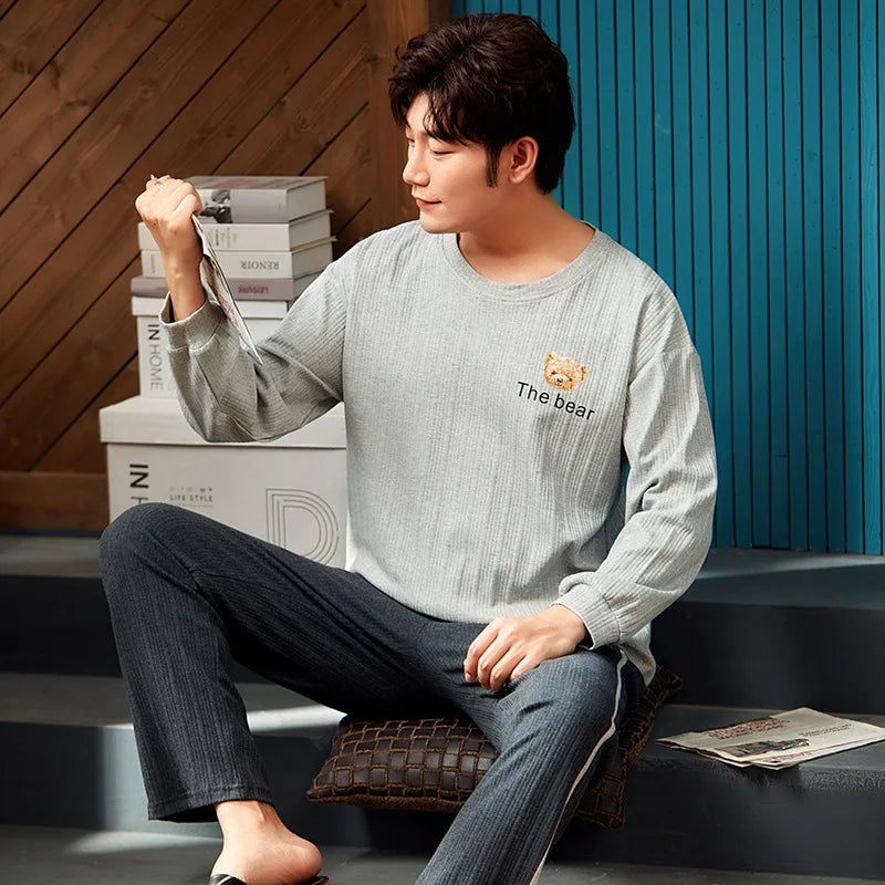 Men's Autumn Winter Cartoon Warm Striped Pajama Set