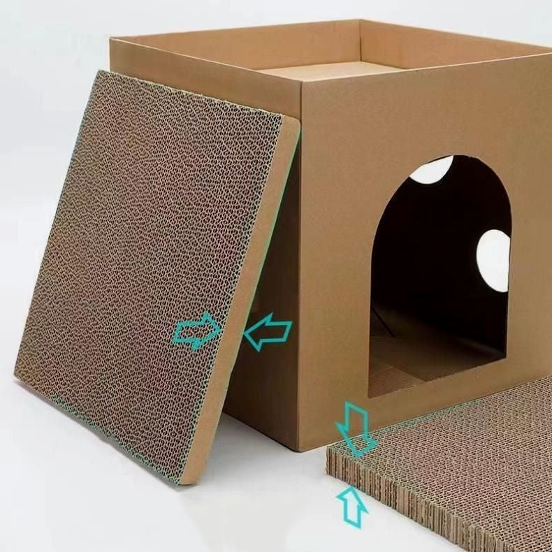 Bàn cào mèo, Nhà mèo và Ổ mèo gấp gọn bằng bìa carton sóng, kèm Đồ chơi, Đồ dùng cho thú cưng đóng gói trong hộp carton - Daisan Mart
