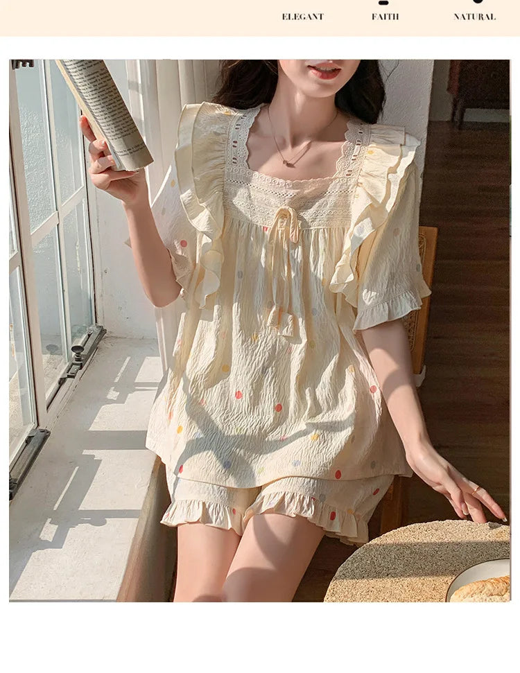 SAMWESTART Summer Lace Polka Dot Princess Pajamas Set