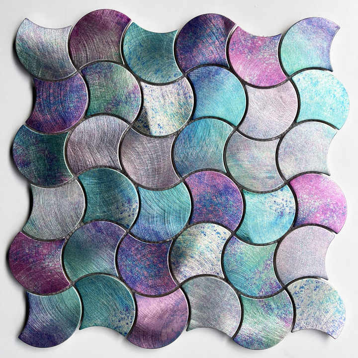 Irregular aluminum mosaic tiles with special modern shimmering fish scale shape for decorating kitchen, bathroom and villa walls 