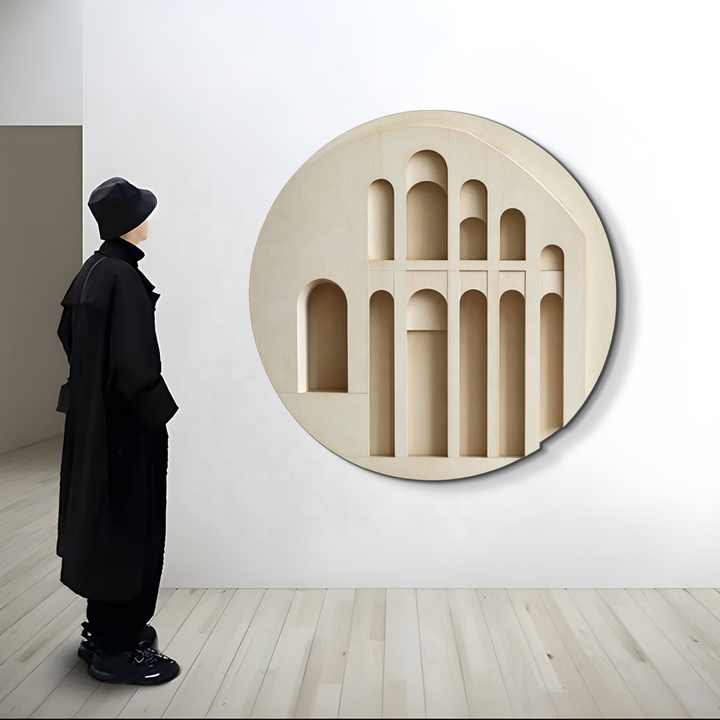 JZ Wabi Sabi Large 3D Building Home Decor Wall Art Multimedia Artwork Handcrafted Wood Carving Abstract Sandstone Painting 
