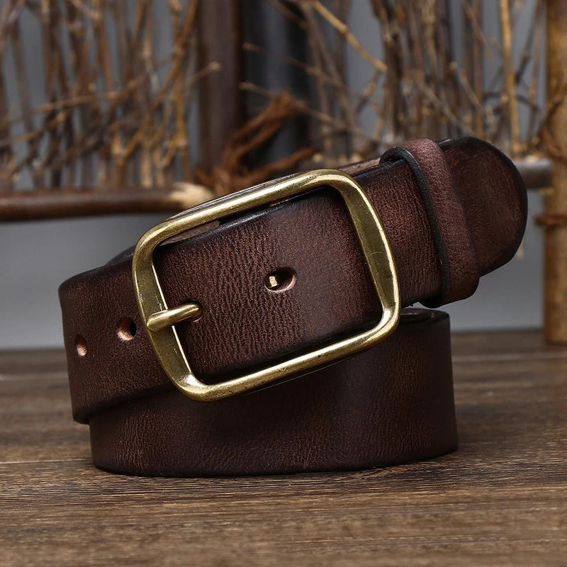 3.8cm thick cowhide belt with high-quality copper buckle for men