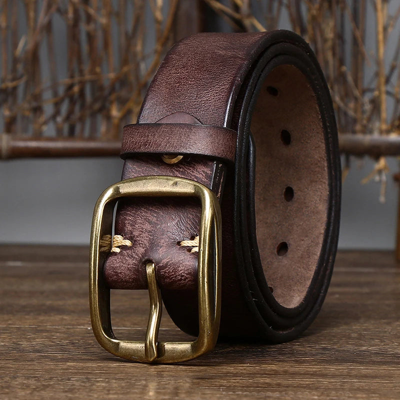 3.8cm thick cowhide belt with high-quality copper buckle for men