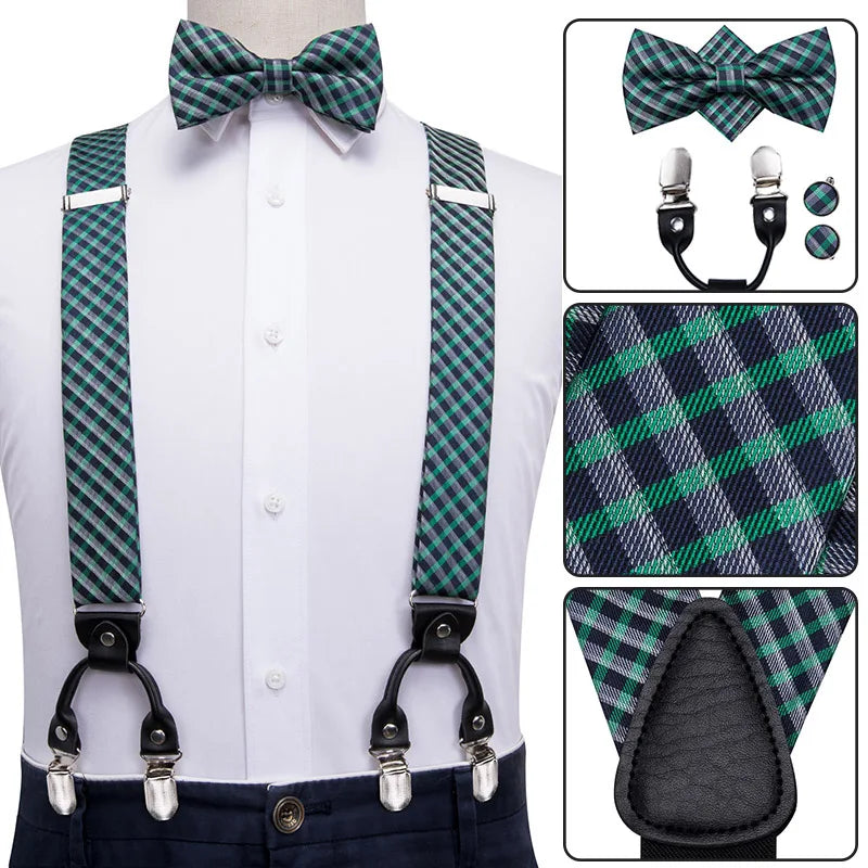 高品質男士紅色花朵絲綢皮革蝴蝶結及皮帶套裝，含6個夾子