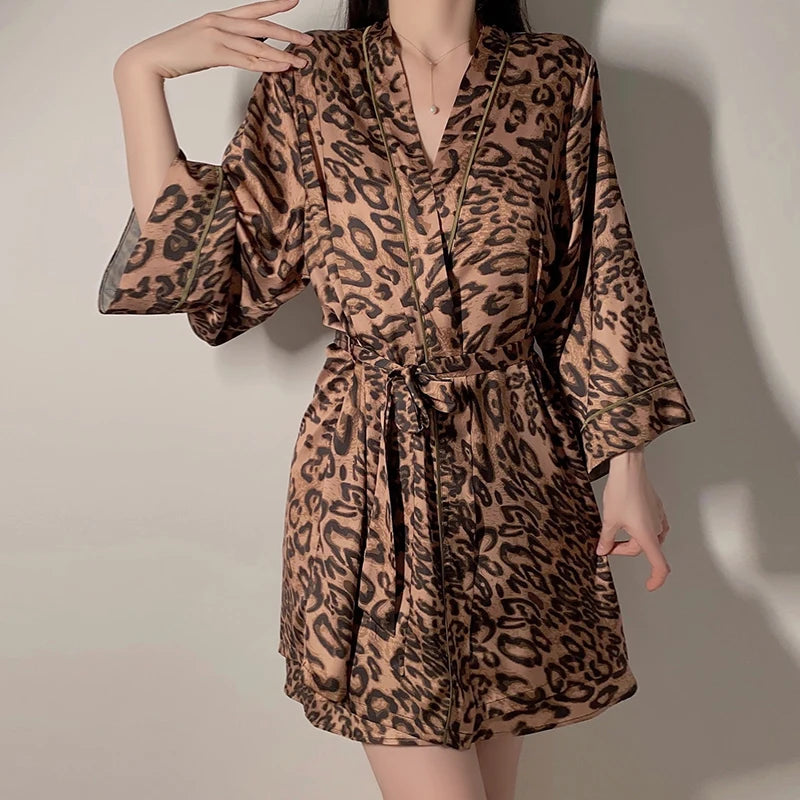 High-end 2-Piece Backless Leopard Print Cold Silk Nightgown