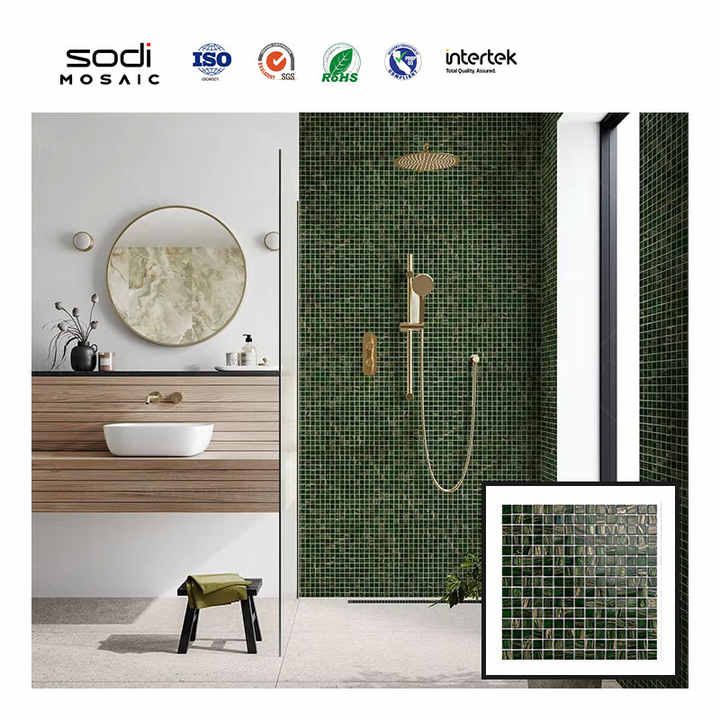Modern square pure mixed dark green glass mosaic tiles 327x327 for apartment swimming pool decoration Mozaik 