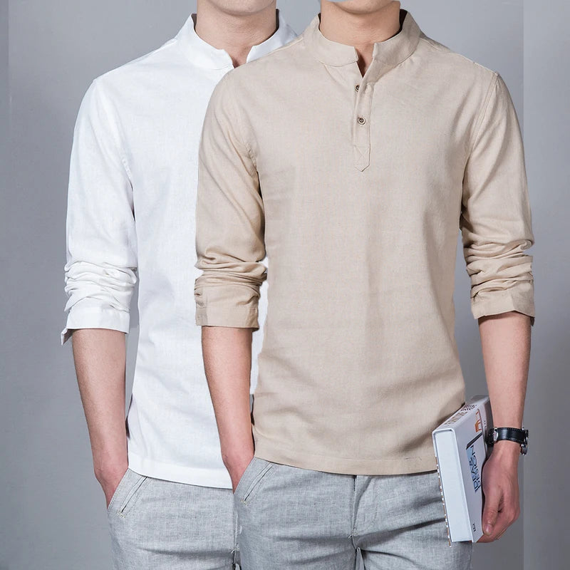Men's Spring Long Sleeve Stand Collar Linen Fashion Shirt