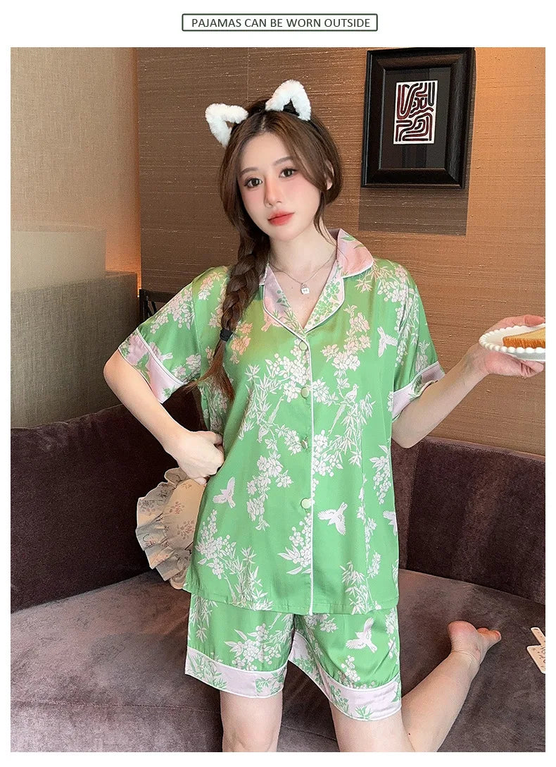 Bộ Đồ Ngủ Lụa Nhân Tạo Mùa Xuân Hè Thanh Lịch