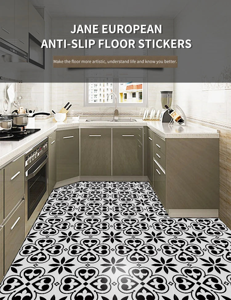 Classic European Black And White Tile Floor Stickers 3D Adhesive Kitchen Corridor Decoration Wallpaper Waterproof