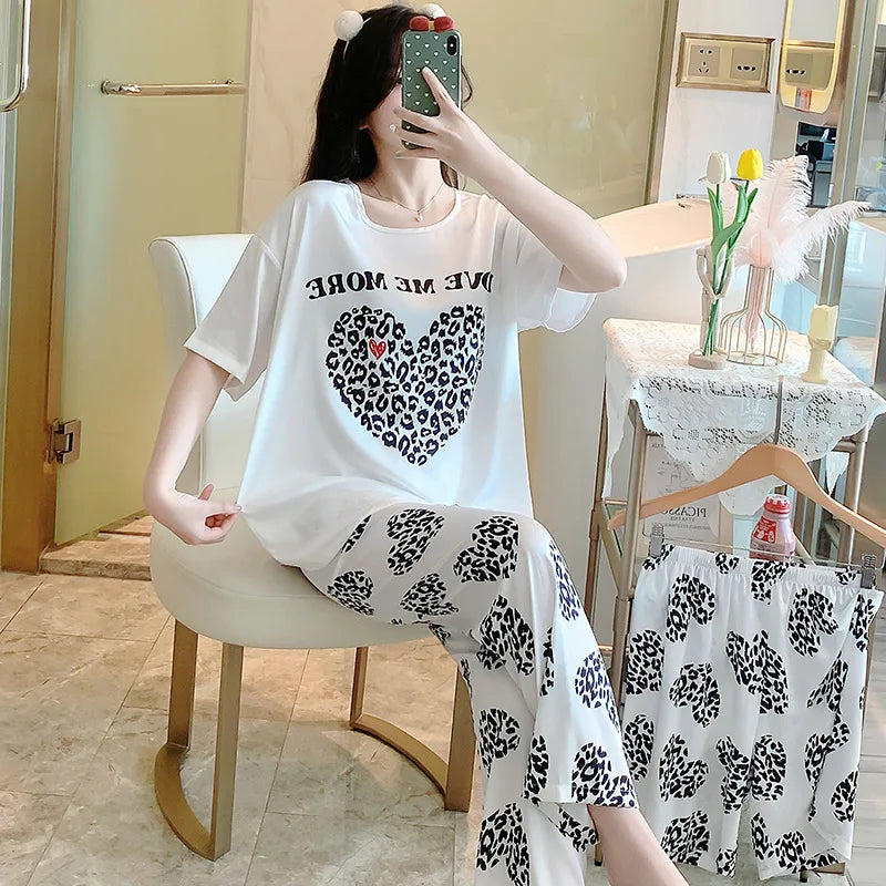 3-Piece Cool Silk Pajamas Set for Women with Cute Patterns