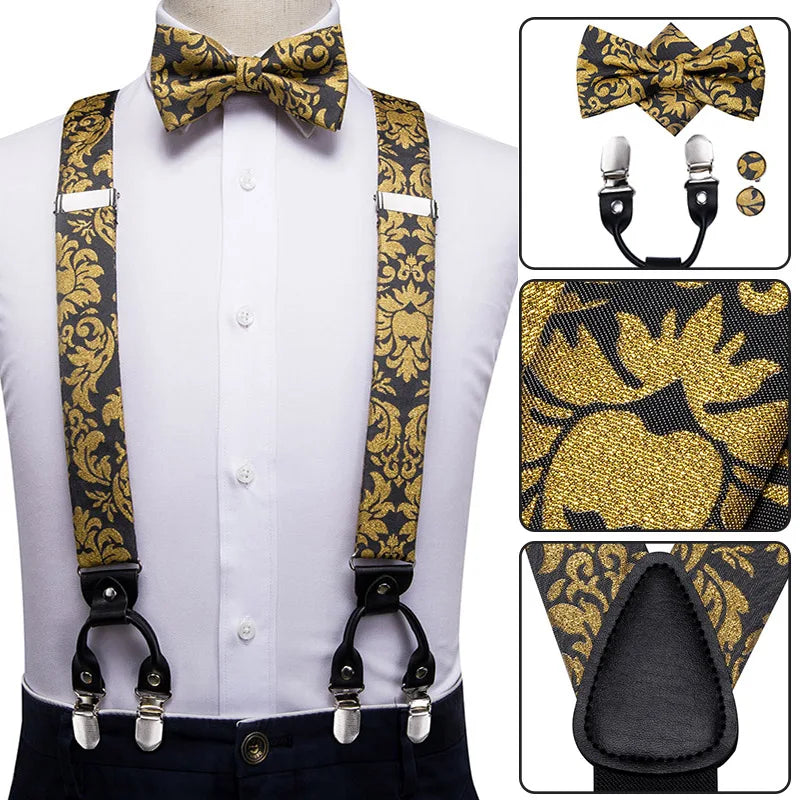 高品質男士紅色花朵絲綢皮革蝴蝶結及皮帶套裝，含6個夾子