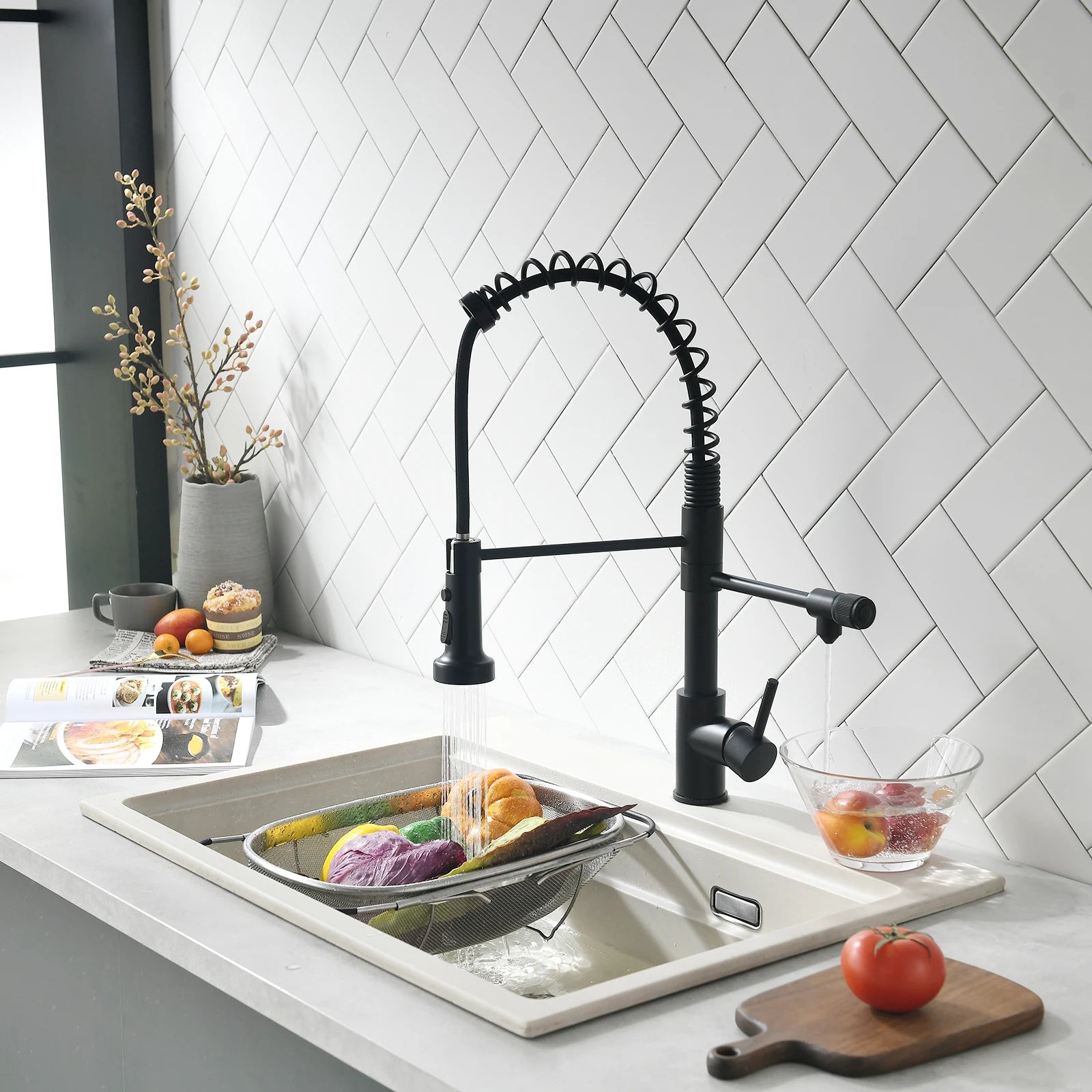 3 Way Spring Kitchen Faucet with Purified Water Filter Hot and Cold Water Black Kitchen Sink Mixer Tap Faucet Pull Down Sprayer - Daisan Mart