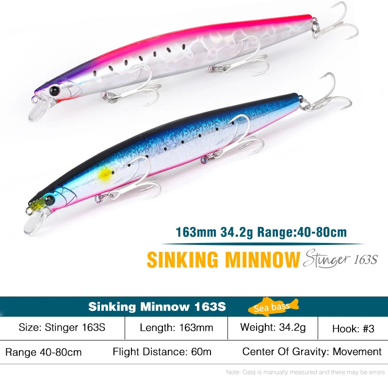 TSURINOYA 34.2g STINGER 163S Sinking Minnow 163mm Sea Fishing Lure Hard Artificial Pike Fishing Baits Tackle DW119