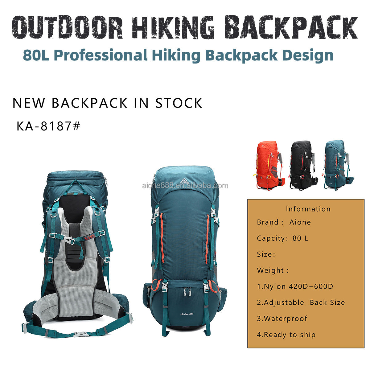 Large Custom 80L Outdoor Molle Backpack for Climbing, Camping, Traveling - Waterproof, with polyester lining and zip closure. 