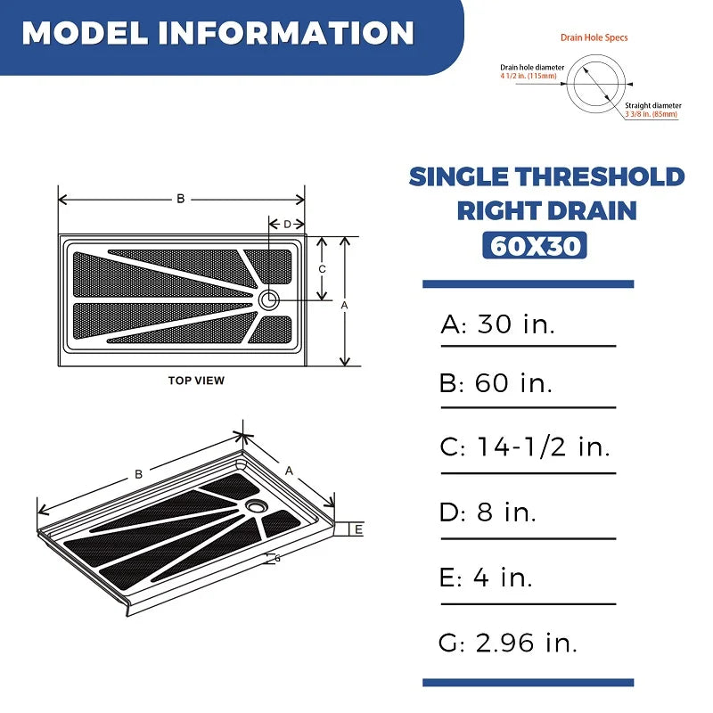 Bathroom Non-Slip Texture Right Drain Acrylic Rectangle Shape Single Threshold Shower Tray