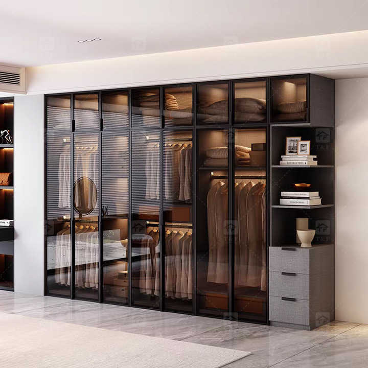 Custom Modern Glass Door Wardrobe Bedroom Furniture Mobile Hotel Family Wooden Wardrobe 