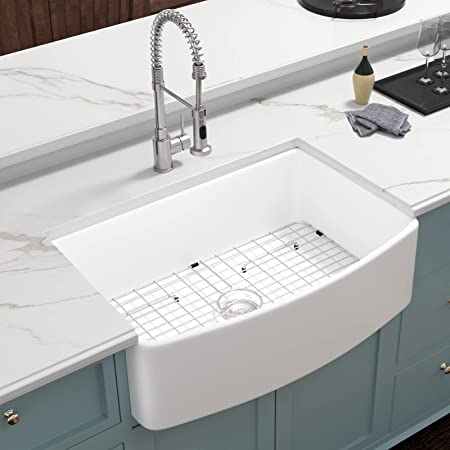 Farmhouse Kitchen Basin 33'' X 20'' Curved Front, White Fired Ceramic, Single Bowl 