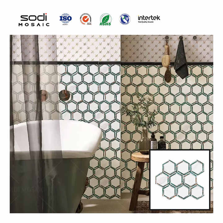 Custom, unique, stylish, waterproof bathroom wall tiles, peel and stick hexagonal mosaic for apartment use 