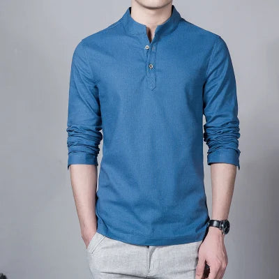 Men's Spring Long Sleeve Stand Collar Linen Fashion Shirt