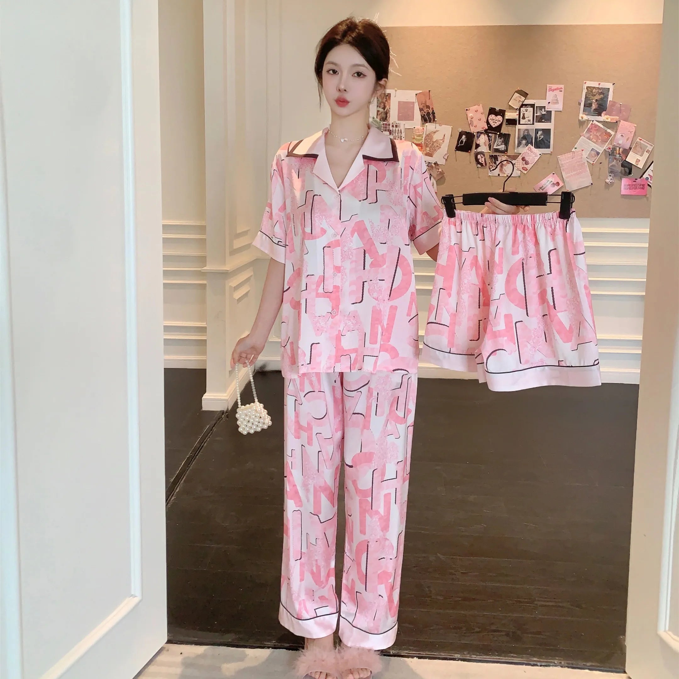 3-Piece Summer Silk Women's Pajamas Set with Printed Patterns