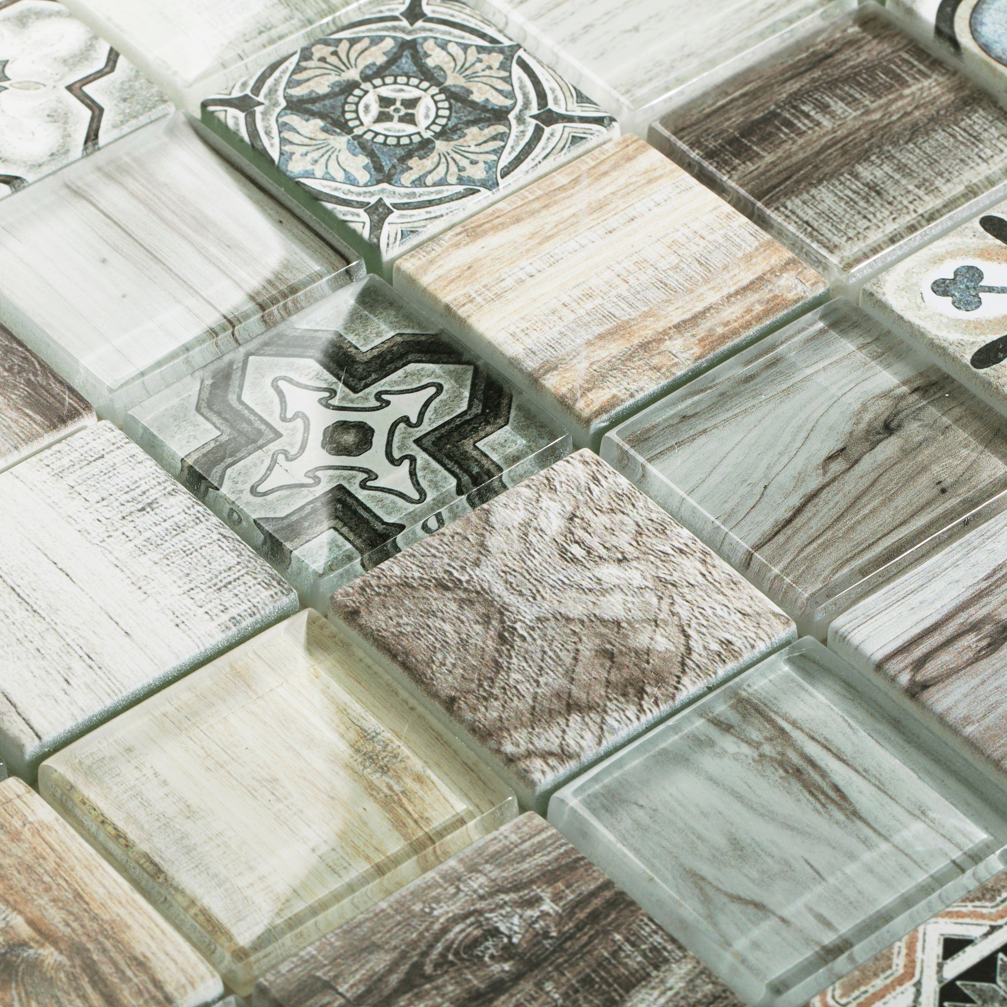 Modern style inkjet printed crystal wood glass mosaic wall tiles for kitchen, bathroom, living room, wooden floor design 