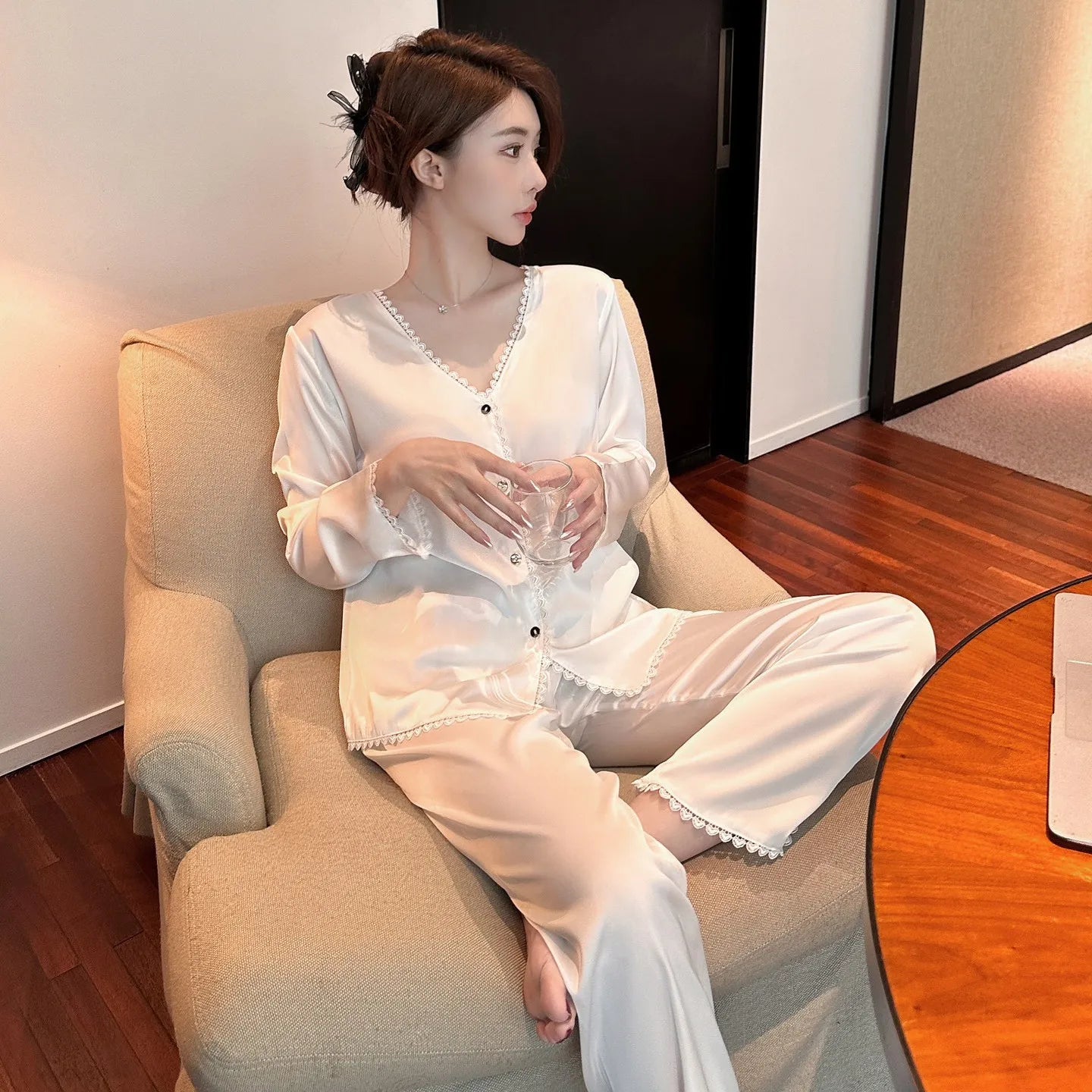 Women's Satin Silk Pajamas Set with Sexy V-Neck Long Sleeves