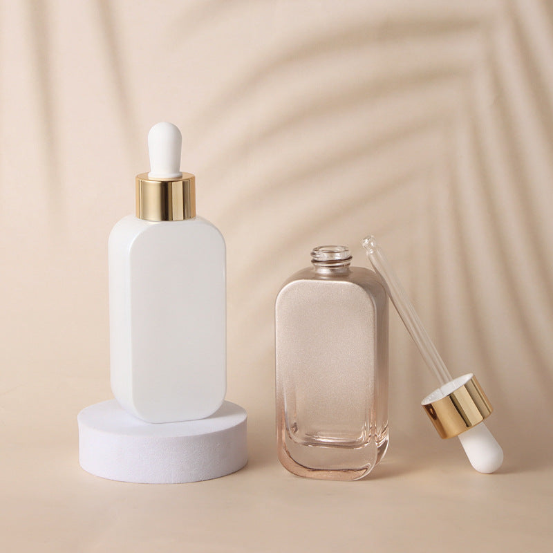 50ml luxury flat glass bottle, rounded corner plastic cap, dropper, used for Skin Cream, Perfume, Essential Oil, packaged with box 