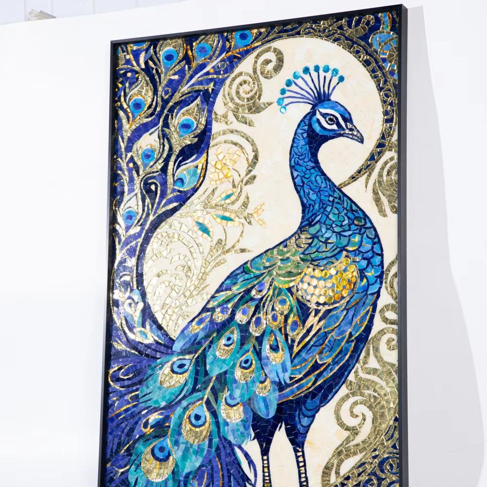 Natural Stone And Glass Mosaic Painting Peacock For Wall Decoration
