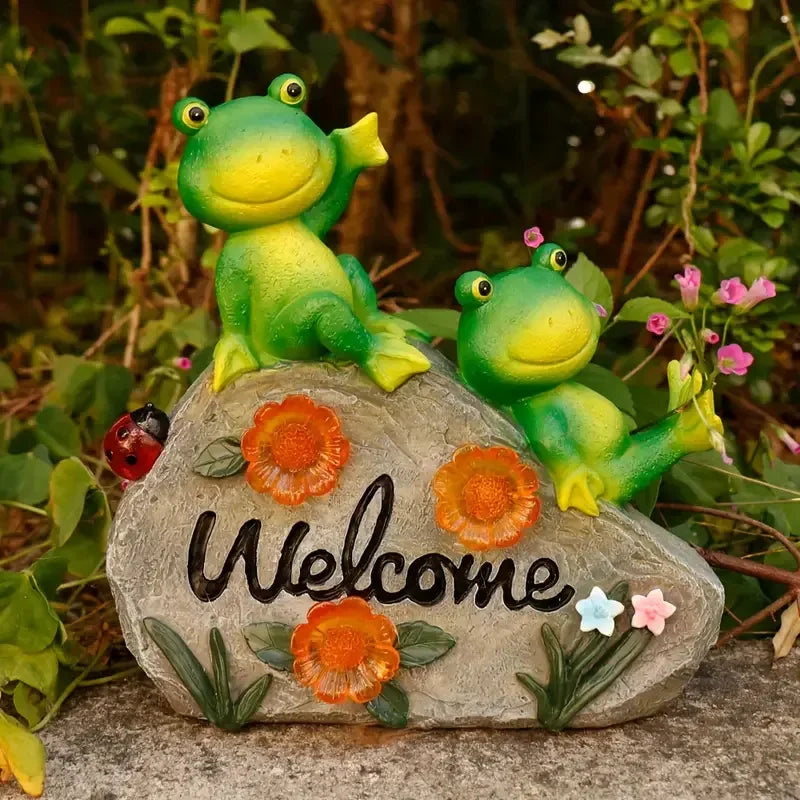 Floral-Accented Frog-Themed Resin Statue and Welcome Sign Mold for Garden & Outdoor Christmas Display - Daisan Mart
