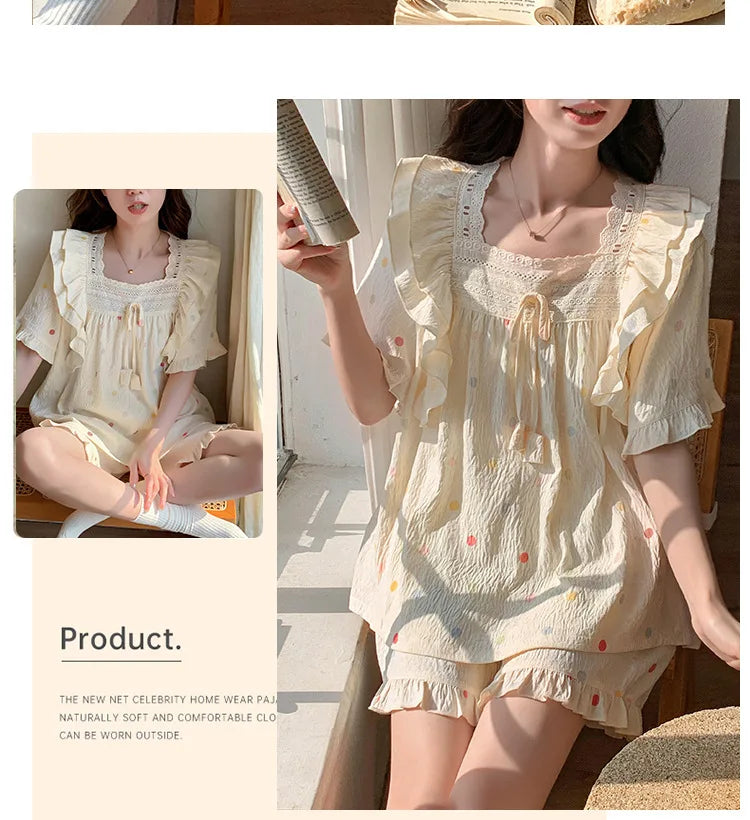 SAMWESTART Summer Lace Polka Dot Princess Pajamas Set