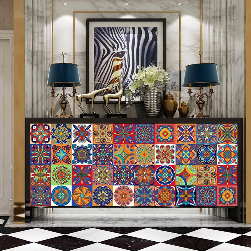 Colorful Mandala Style Strip Tiles Wall Sticker Kitchen Wardrobe Bathroom Waterproof Wallpaper Peel &amp; Stick Art Wall Decals