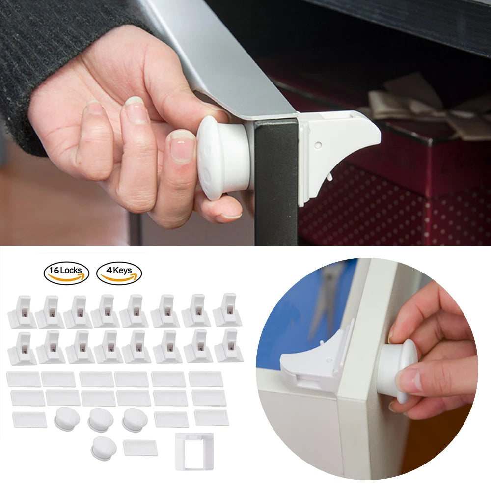 Tay cầm núm trắng mở khóa an toàn trẻ em trên ngăn kéo, kèm 16 khóa và 4 chìa khóa trắng.