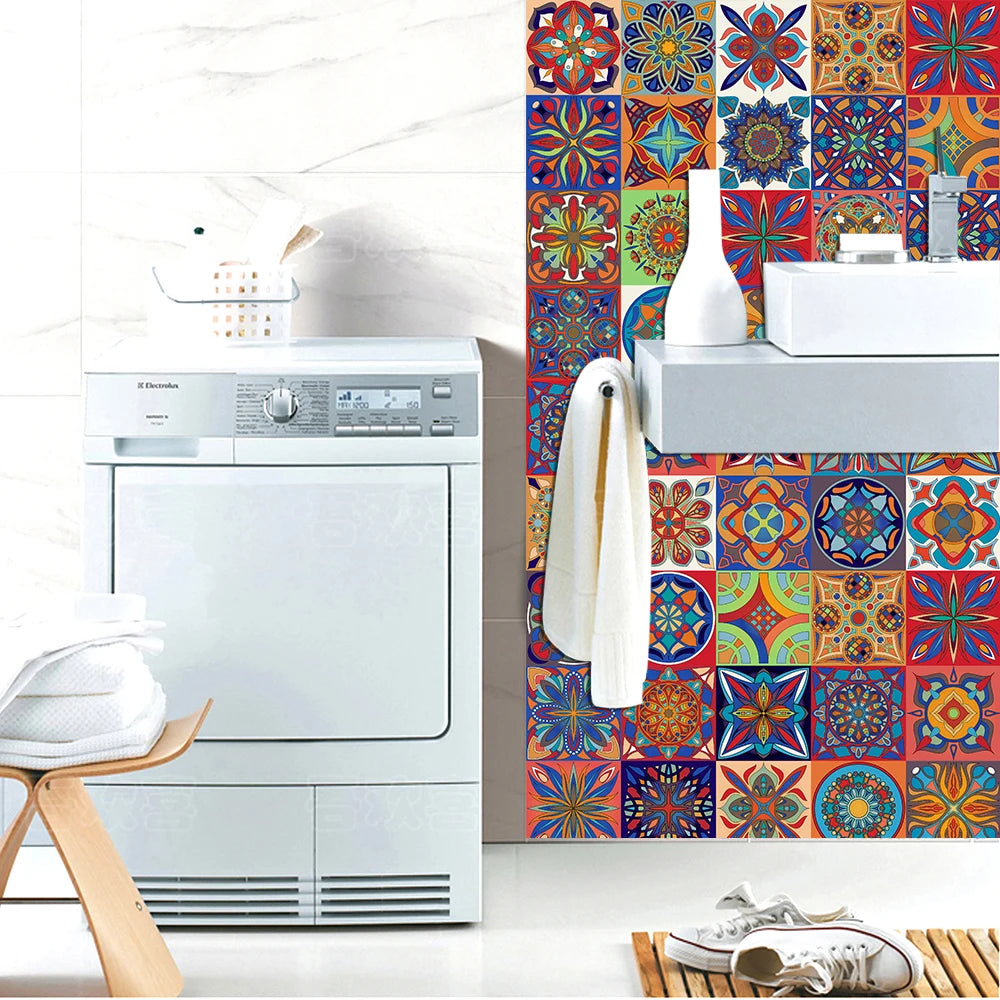 Colorful Mandala Style Strip Tiles Wall Sticker Kitchen Wardrobe Bathroom Waterproof Wallpaper Peel &amp; Stick Art Wall Decals