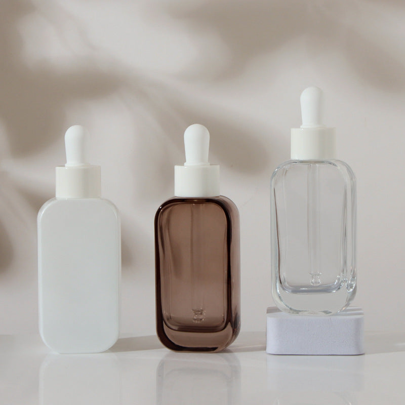 50ml luxury flat glass bottle, rounded corner plastic cap, dropper, used for Skin Cream, Perfume, Essential Oil, packaged with box 