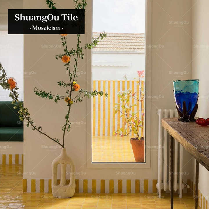 Glazed oil painting yellow mosaic tiles indoor cafe restaurant hotel bathroom wall kitchen shower mosaic tile wall 