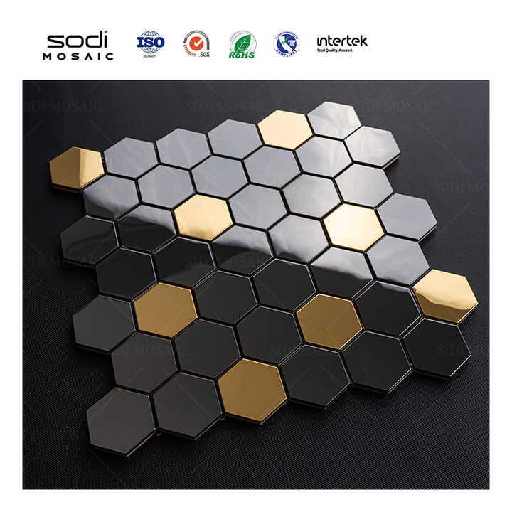 Black and gold hexagonal metal wall tiles in stainless steel with grey mosaic pattern 