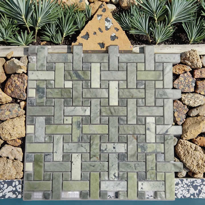 Green marble mosaic basket weave design for modern interior wall background 10mm thick for hotel bathroom floor