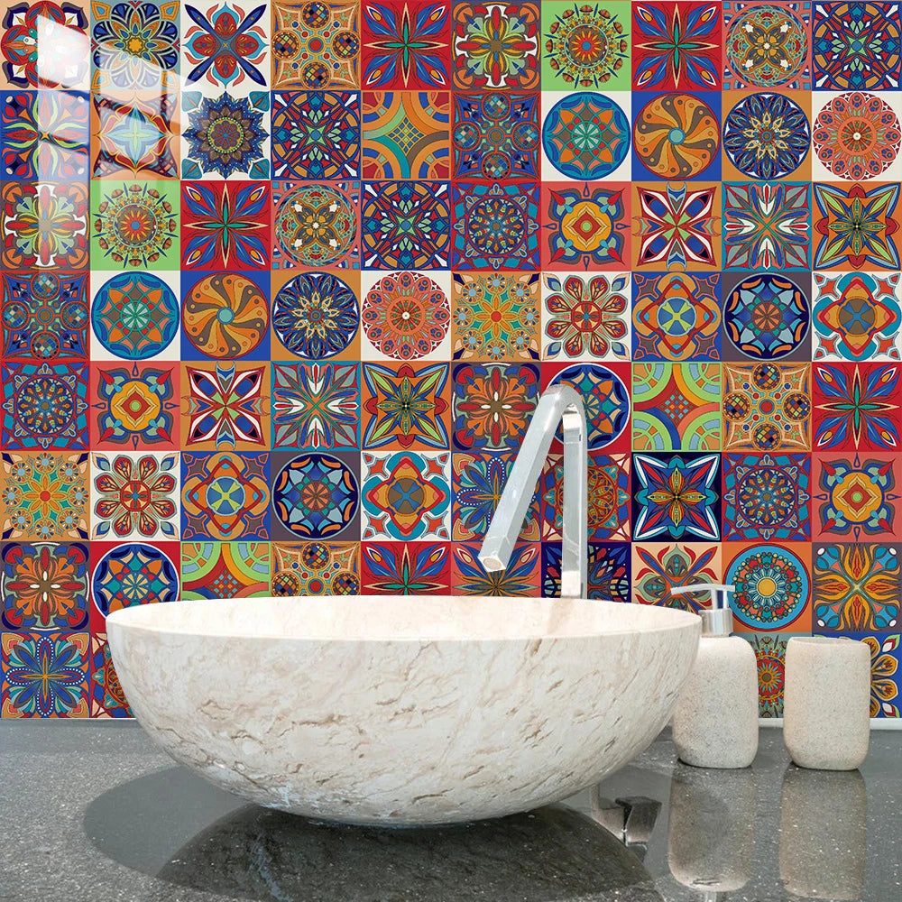 Colorful Mandala Style Strip Tiles Wall Sticker Kitchen Wardrobe Bathroom Waterproof Wallpaper Peel &amp; Stick Art Wall Decals
