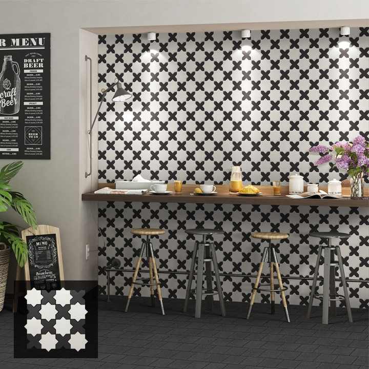 3D black and white star shaped mosaic tiles 30 x 30 cm in size used as bar/room background