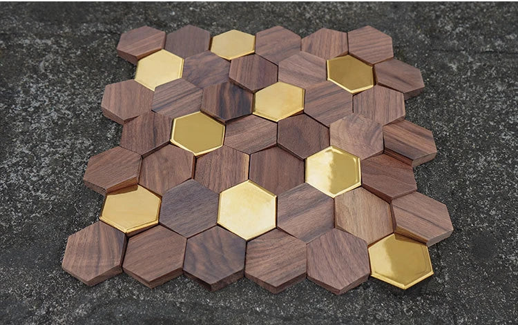 Natural walnut wood wall panel with stainless steel border 30x31cm