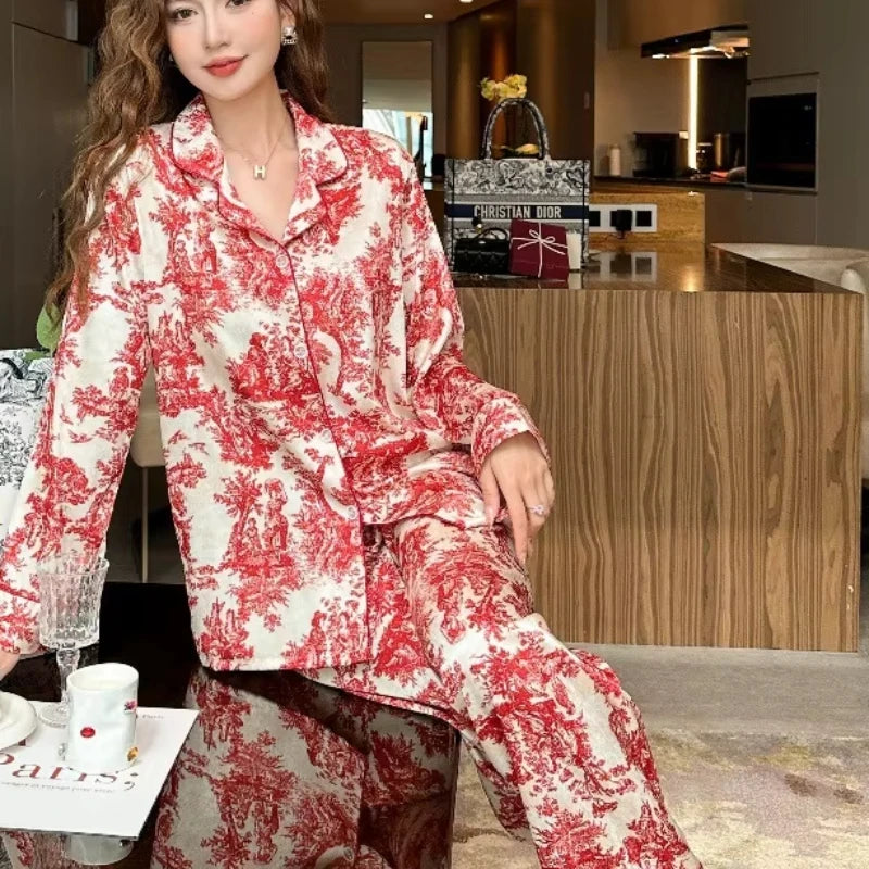 SAMWESTART Women's Spring Summer Ink Print Ice Silk Pajamas