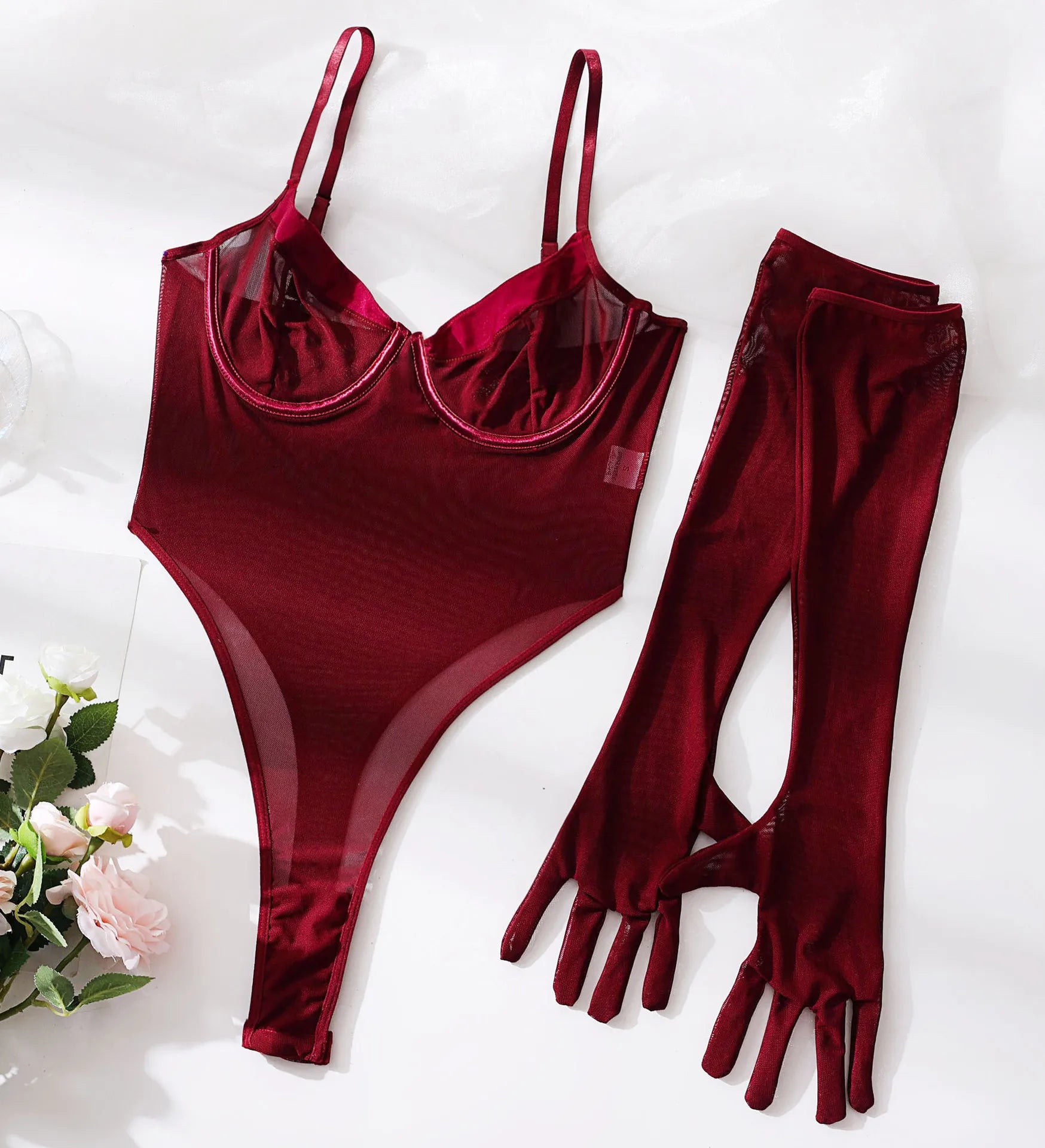 Lingerie Women Erotic Underwear Perspective Nightclub Metallic Decoration Ribbon Splicing Onesie Sexy Bodysuit