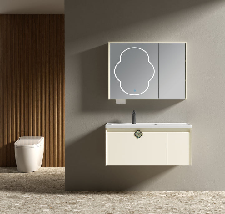 Ivory Wood Bathroom Cabinet With Vanity Mirror And Sink