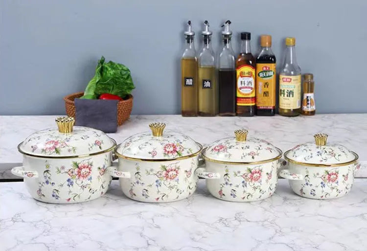 Set of 4 High-Quality Enamel Pots - For Family Kitchens