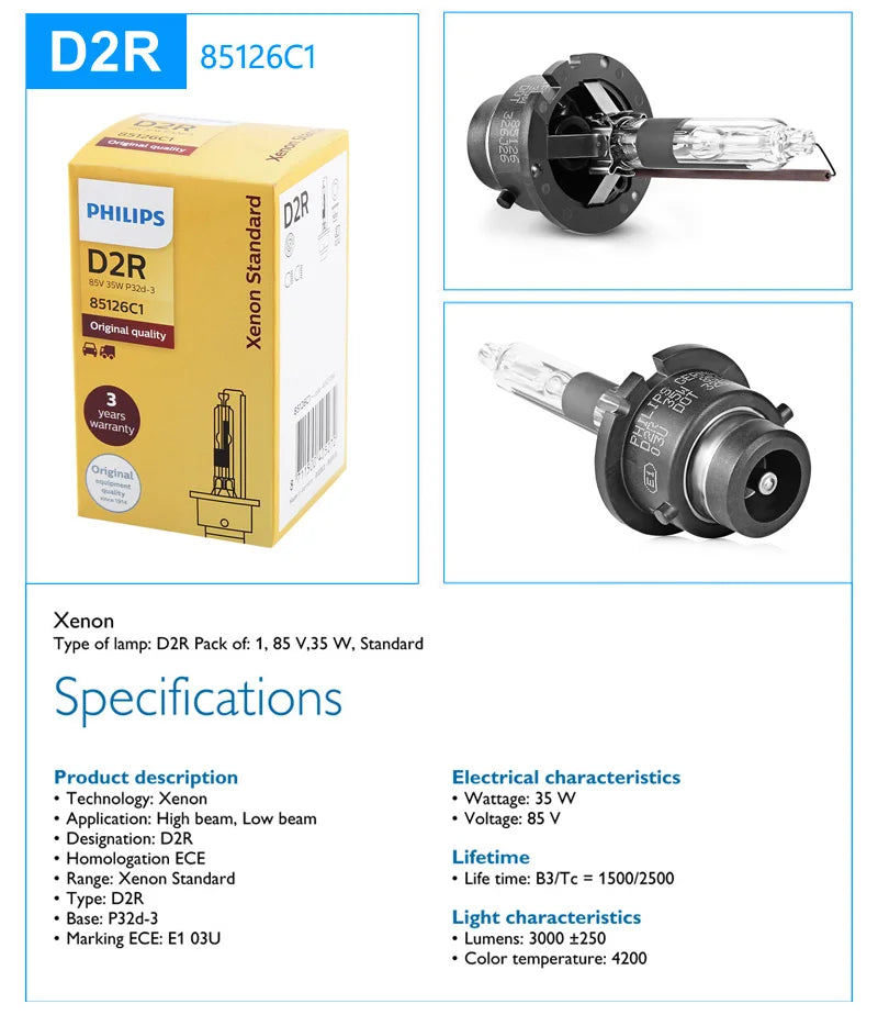 Philips HID D1S D2S D2R D3S D4S D5S 35W Xenon Standard 4200K Auto Original Headlight Car Genuine Bulb Replacement Upgrade, 1pcs - Daisan Mart