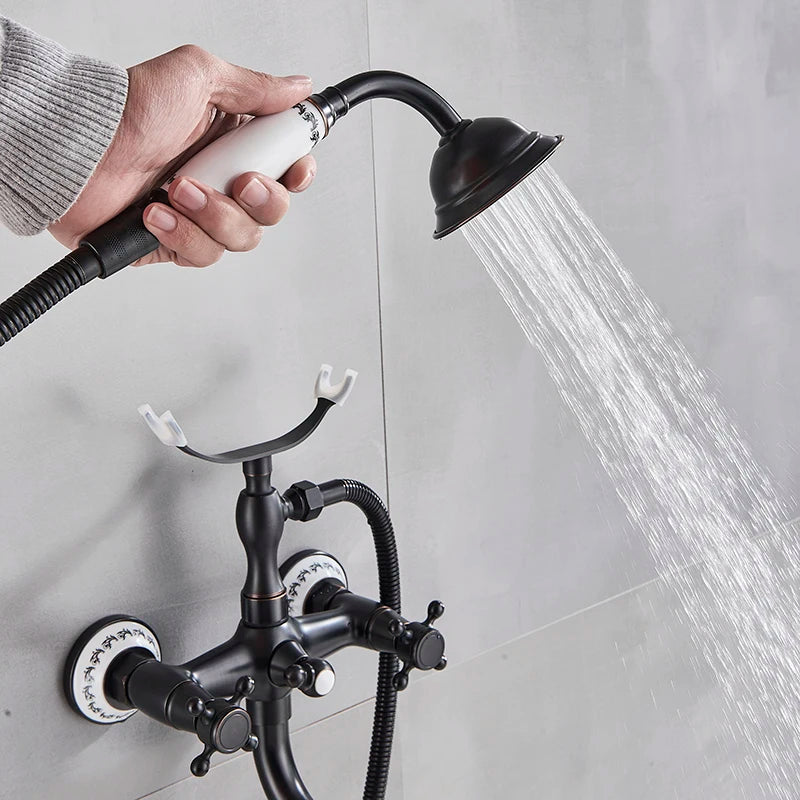 Telephone Style Golden Waterfall Bathtub Faucet Bathroom Brass Bath Faucets Waterfall Rotatb Spout Hot&amp;Cold water Shower tap set