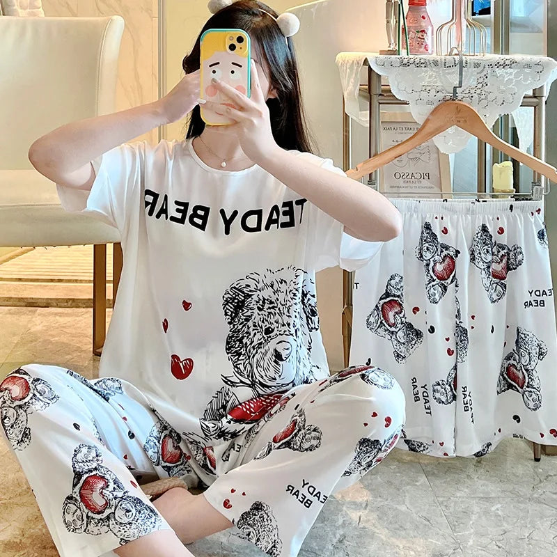 3-Piece Cool Silk Pajamas Set for Women with Cute Patterns