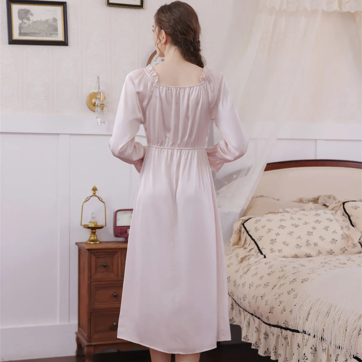 Elegant Nightgown with Soft Square Neck Long Sleeve Lace