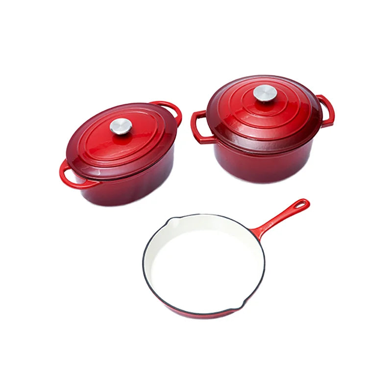 Traditional Red Enameled Cast Iron Kitchen Pot Set